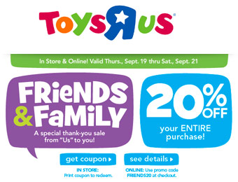 Extra 20% off Your Entire Purchase at Toys R Us w/code: FRIENDS20