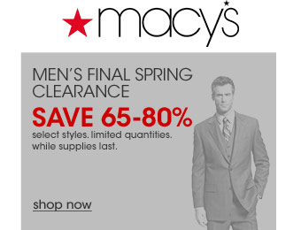 Macy's Men's Final Spring Clearance Sale, 65-80% off Suits & Sportcoats