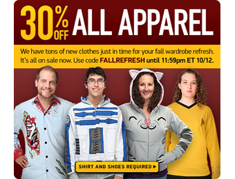 Extra 30% off All Apparel at ThinkGeek, Over 800 items