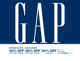 Save 30% off all orders at Gap, 40% off orders of $140+
