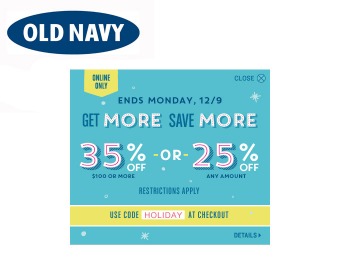 Extra 35% off orders of $100+ at Old Navy or 25% off Any Amount