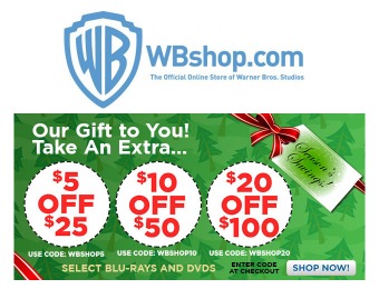 Extra $5 of $25, $10 off $50, $20 off $100 at the WBShop.com
