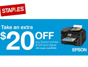 Save $20 off Epson Printers $129+ at Staples.com