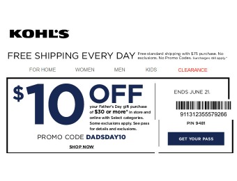 Save $10 off Father's Day Purchases of $30+ at Kohl's