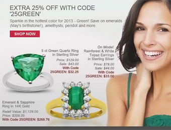 Extra 25% off at Jewelry.com with code: 25GREEN
