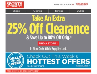 Extra 25% off Clearance Items at Sports Authority, Up to 80% off