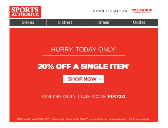 Sports Authority Flash Sale - 20% Off Any Single Item