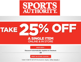 Extra 25% off a Single Item at Sports Authority