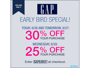 Extra 30% off Your Purchase at Gap.com w/code: GAPEARLY