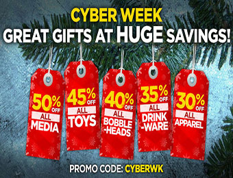 50% off all media, 45 % off all toys, 30% off all apparel