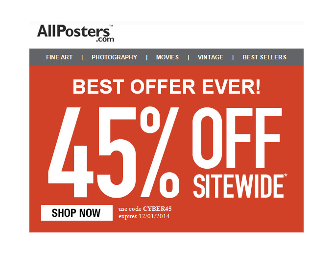 Allposters Cyber Monday Deals - 45% off Everything