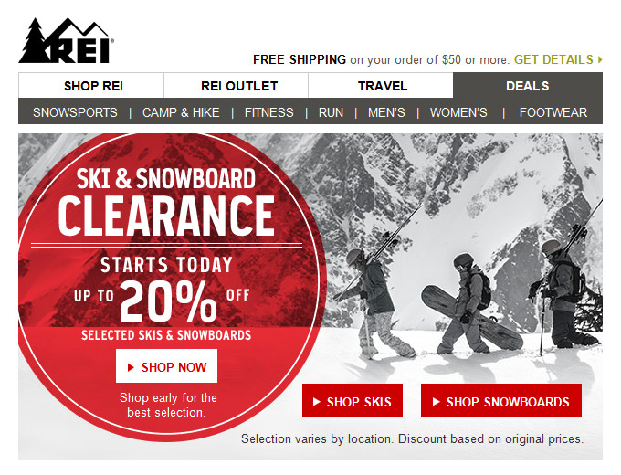 REI Clearance Sale - 20% of Ski & Snowboard Gear