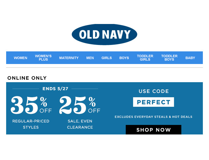 Save 35% off Regular Priced Styles at Old Navy