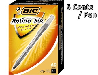 57% off 60/Box BIC Round Stic Ballpoint Pens, Black or Blue