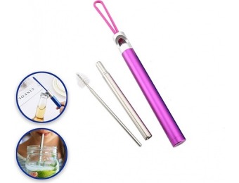 $5 off Stainless Steel Collapsible Straw with Bottle Opener - Pink