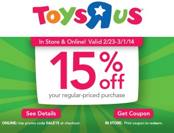 Save 15% off Your Regular-Priced Purchase at Toys R Us