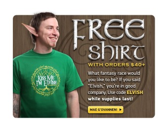 Free Kiss Me I'm Elvish T-Shirt w/ $40+ Orders at ThinkGeek