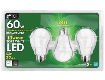 $10 off 3-Pack TCP A19 LED Light Bulbs 60W Equivalent Soft White