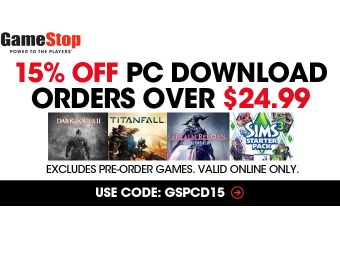 Extra 15% off PC Download Orders of $25+ at GameStop
