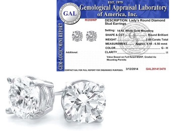 89% off Certified 2 Carat Round Diamond Earrings, 14K White Gold