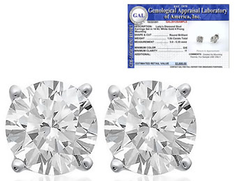 84% Off Certified 1 Carat Diamond Stud Earrings, 14K White Gold