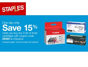 Save 15% off w/ Purchase of 3 Ink or Toner Cartridges at Staples