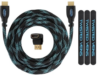 Twisted Veins (50 ft) High Speed HDMI Cable + Right Angle Adapter and Velcro Cable Ties