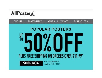 Allposters Sale - Up to 50% off Plus Free Shipping with $15 Order