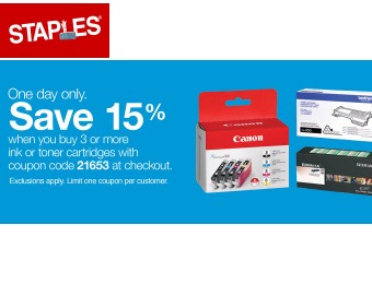 15% off Ink & Toner at Staples.com with the Purchase of 3 or More