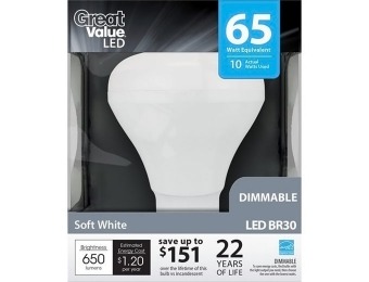 $2 off Great Value LED Soft White BR30 Dimmable Light Bulb