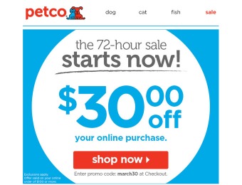 Extra $30 off Your Order of $100+ at Petco.com