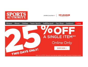 Sports Authority Flash Sale - Extra 25% Off Any Single Item