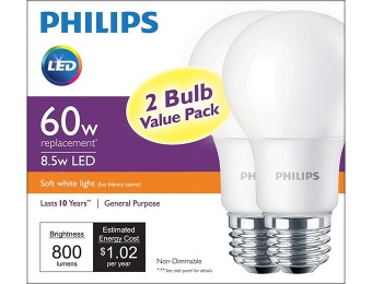 67% off Philips 60W Equivalent Soft White LED Light Bulb (2-Pack)