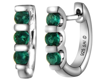 60% off Sterling Silver Created Emerald 3-Stone Hoop Earrings