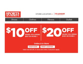 Sports Authority Flash Sale - 20% Off Your Purchase off $50+