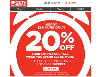 Sports Authority Flash Sale - 20% Off Your Purchase of $75+