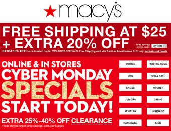 Macy's Cyber Monday Sale - Free Shipping at $25 + Extra 20% off