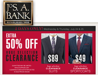 Extra 50% off Jos A Bank Suits & Sportcoats Clearance Sale