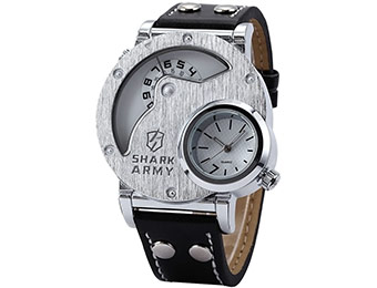 60% off Shark Army SAW054 Men's Dual Time Zone Leather Watch