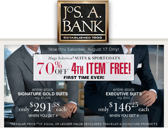 70% off + 4th Item Free on Most Suits & Sportcoats