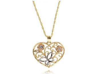 75% off 10K Two Tone Butterfly Heart with Two Flowers Pendant