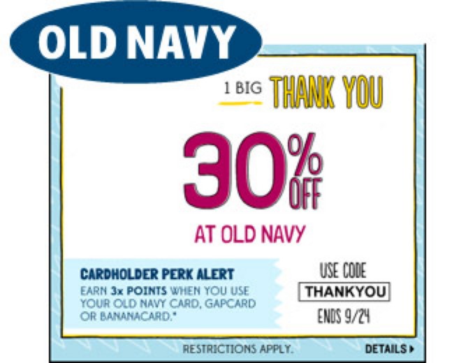 Extra 30% off your Entire Purchase at Old Navy