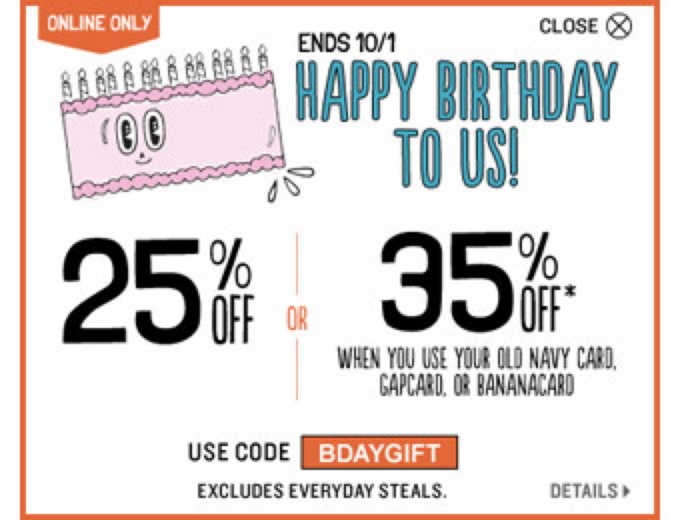 Extra 25% or 35% off Your Purchase at Old Navy