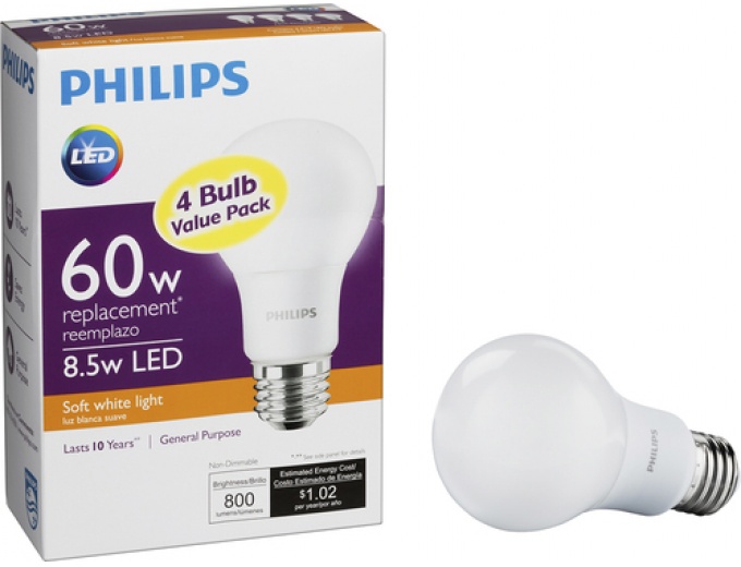 Philips 8.5W A19 LED Light Bulb (4-Pack)