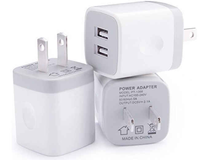 3-Pack USB 2.1AMP Dual Port Wall Chargers