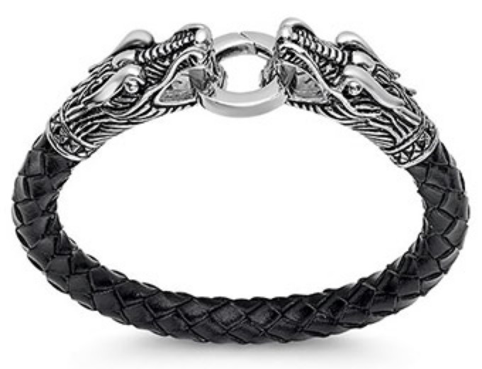 Braided Leather & Steel Dragons Head Bracelet