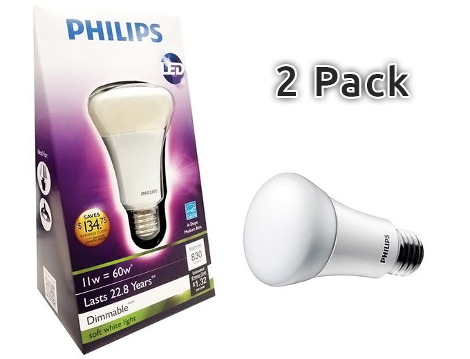2-Pack Philips 11W A19 LED Light Bulb