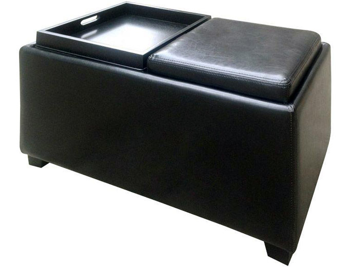 Brexley Black Leather Ottoman with Tray