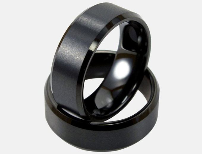Tungsten Black Beveled Engraved Ring