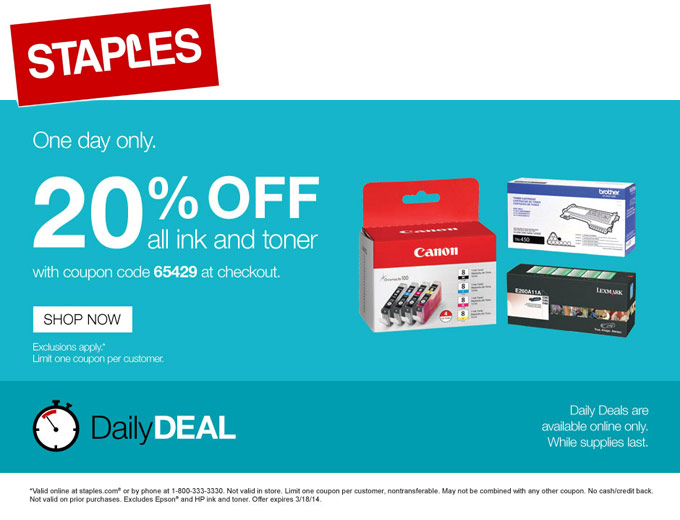 Extra 20% off All Ink & Toner at Staples